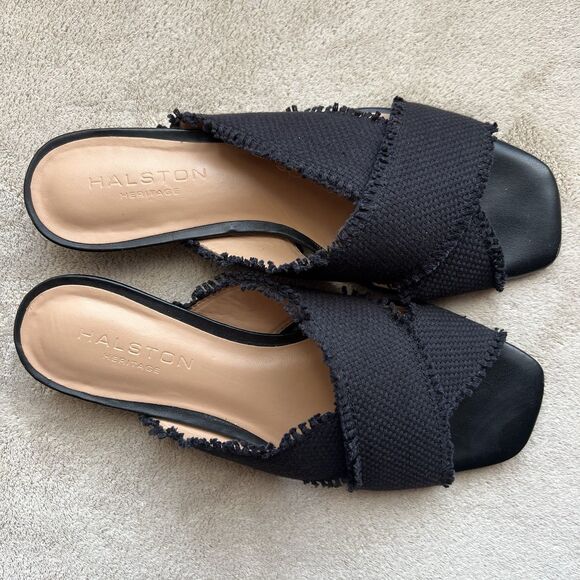 Halston Heritage Estella Black Canvas Sandal Women’s US 6 M Frayed Edge Low Heel - Picture 8 of 16